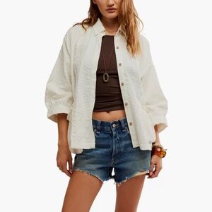 Free People Just Like Me Relaxed Fit Cotton Seersucker Button-Up Shirt NWT! Sz S